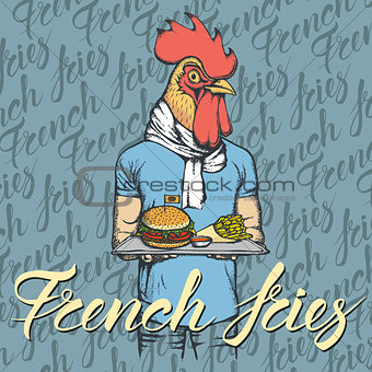 Vector Illustration of rooster with burger and French fries