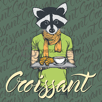 Vector Illustration of raccoon with croissant and coffee