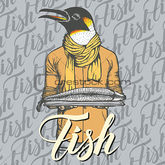 Vector penguin with fresh fish illustration
