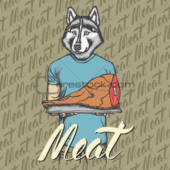 Vector dog husky with meat ham illustration