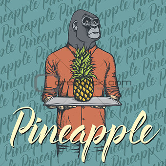 Vector gorilla with pineapple illustration