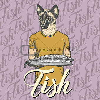Vector cat with fresh fish illustration