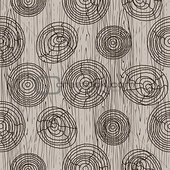 Wooden bark circles beige seamless vector pattern.