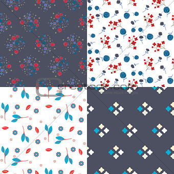Millefleur flowers and geometric seamless vector pattern set.