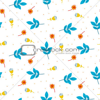Cute blue twigs and leaves seamless pattern.