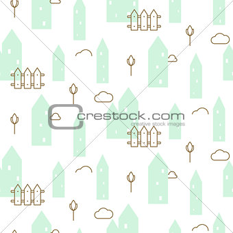 Pastel mint houses baby fabric seamless vector pattern.