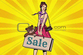 Beautiful girl with soft toy bear, discounts and sale