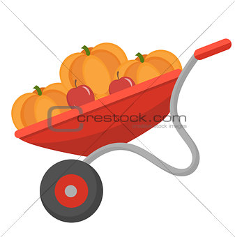 Wheelbarrow with pumpkins, icon flat style. Isolated on white background. Vector illustration