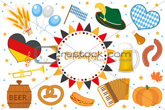 Oktoberfest icon set, flat or cartoon style. October fest in germany collection of traditional symbols, design elements with beer, food, cap. Isolated on white background. Vector illustration.