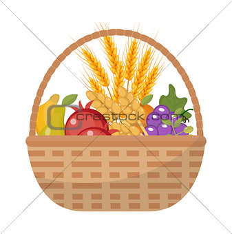 Vegetables and fruit in a wicker basket icon of a flat style. Isolated on white background. Vector illustration