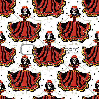 Dia de los muertos Calavera Katrina seamless pattern. Day of the dead with dead girl endless background. Repeating texture. Vector illustration.