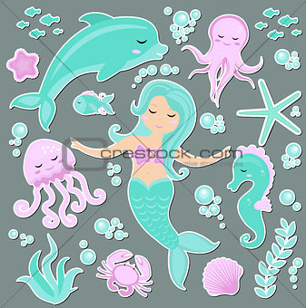 Cute trendy set of stickers emoji, patches badges Little Mermaid and the underwater world. Fairytale princess mermaid and dolphin, octopus, fish, jellyfish. Vector illustration.