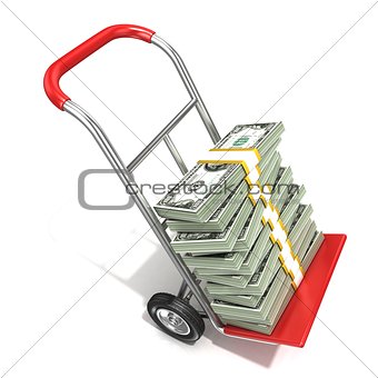 Hand truck with stacks of hundreds dollars isolated on white bac