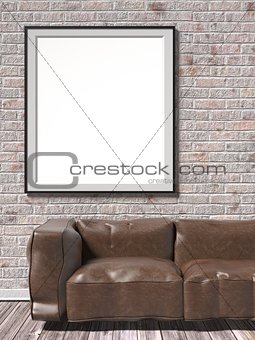 Mock up white empty picture frame with brown leather sofa. 3D