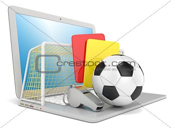 Football concept. Penalty (red and yellow) card, metal whistle, 