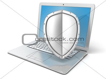 Shield covers laptop. Concept of information security. 3D