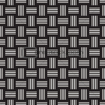 Crosshatch vector seamless geometric pattern. Crossed graphic rectangles background. Checkered motif. Seamless black and white texture of crosshatched lines. Trellis simple fabric print.