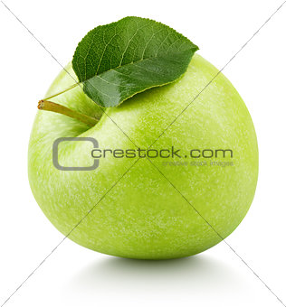 Green apple fruit with green leaf isolated on white