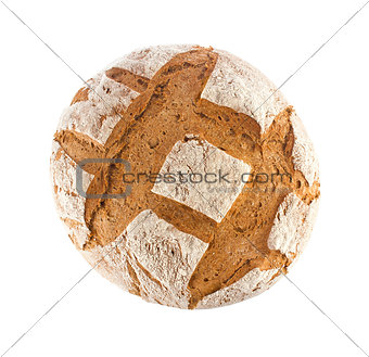 Freshly baked domestic rye bread with bran, top view