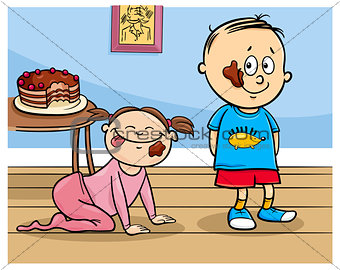little boy and baby girl with cake cartoon