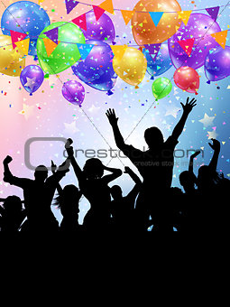 Silhouettes of party people on a balloons and confetti backgroun