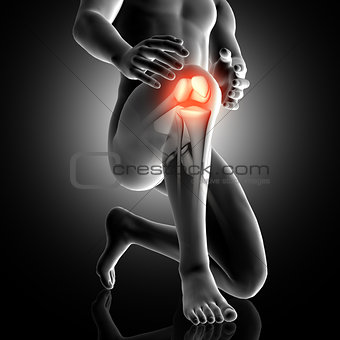 3D male figure with knee highlighted in pain