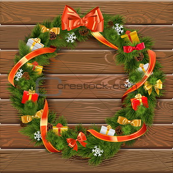 Vector Christmas Wreath on Wooden Board 10