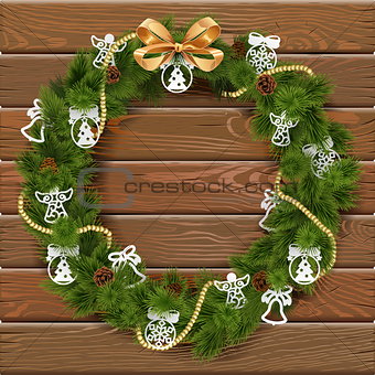 Vector Christmas Wreath on Wooden Board 9