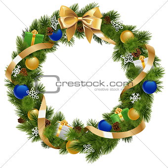 Vector Christmas Wreath with Golden Ribbon