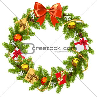 Vector Fir Wreath with Red Bow