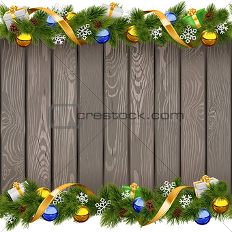 Vector Seamless Christmas Old Board with Golden Ribbon