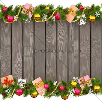 Vector Seamless Christmas Border with Gifts on Old Board
