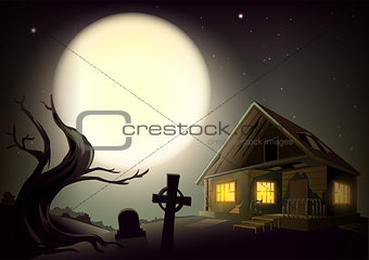 Halloween gloomy night landscape. Big full moon in sky. House with glow windows, tree and cemetery
