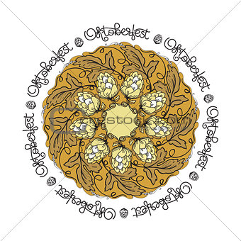 Oktoberfest card. Vector mandala with hop floral ornament.