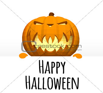 Happy Halloween. A template on a white background with a pumpkin head peeping out from behind the edge.