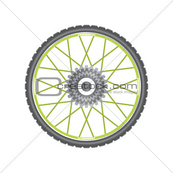 Black metallic bicycle wheel with green spokes
