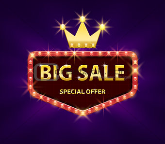 Big sale discount banner with red lights frame vector illustration. Frame banner big sale, promotion offer with gold crown