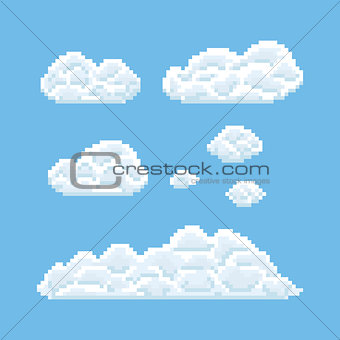 Clouds shapes set. Pixel art 8 bit texture illustration