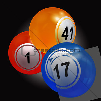 Trio of bingo lottery balls with single panel over black