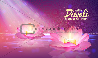 Vector illustration of burning candle in lotus flowers. Happy Diwali Holiday background. Festival of lights greeting card