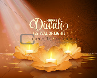 Happy Diwali. Vector. Festival of light background. Greeting background with golden lotus flowers and a burning candle inside.