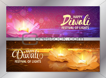 Set of two happy diwali horizontal banners with glowing candle on pink lotus. Vector. Festival of lights greeting flyers.