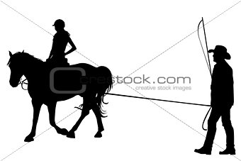 Girl riding on the horse with her trainer 