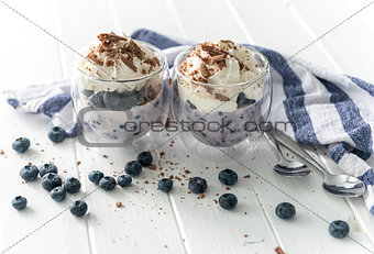 Dessert from yogurt with blueberries and chocolate 