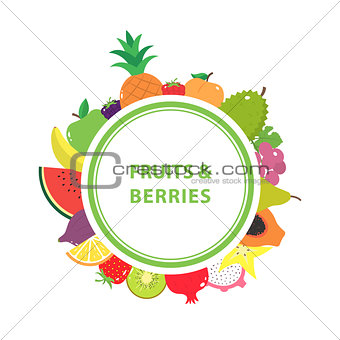 White poster with the name and with fruits and berries in the background.