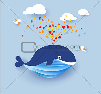 Whale flying on blue sky background