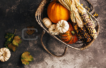 Different pumpkins and corn in a in basket.