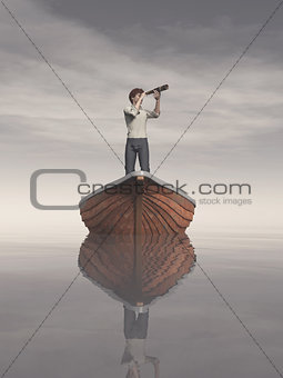 Man in a boat looking 