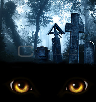 Monster eyes, medieval stone crosses and tombstones, cemetery in