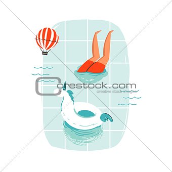 Hand drawn vector abstract cartoon summer time fun cartoon illustration with swimming people in swimming pool with hot air balloons isolated on white background.